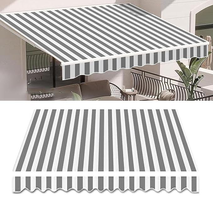 RXQHV Manual Awning Replacement Fabric Retractable Outdoor Patio Garden Sun Shade Canopy Cover 300g/m² Uv & Water-resistant Polyester Cloth for Gazebo (Size:5x1.5m,Color:Gray White Stripes)