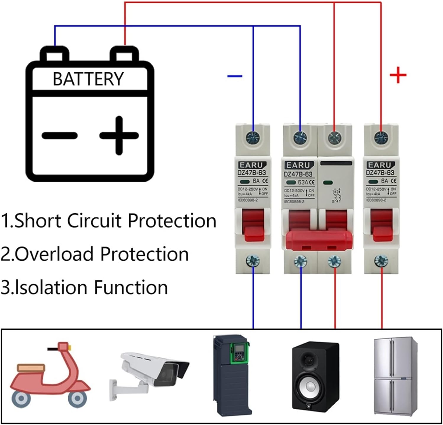 DC MCB 12V 24V 48V Circuit Breaker Battery Car Protector DZ47 DC Positive and Negative Pole Rotection Protect Switch Isolator(6A)