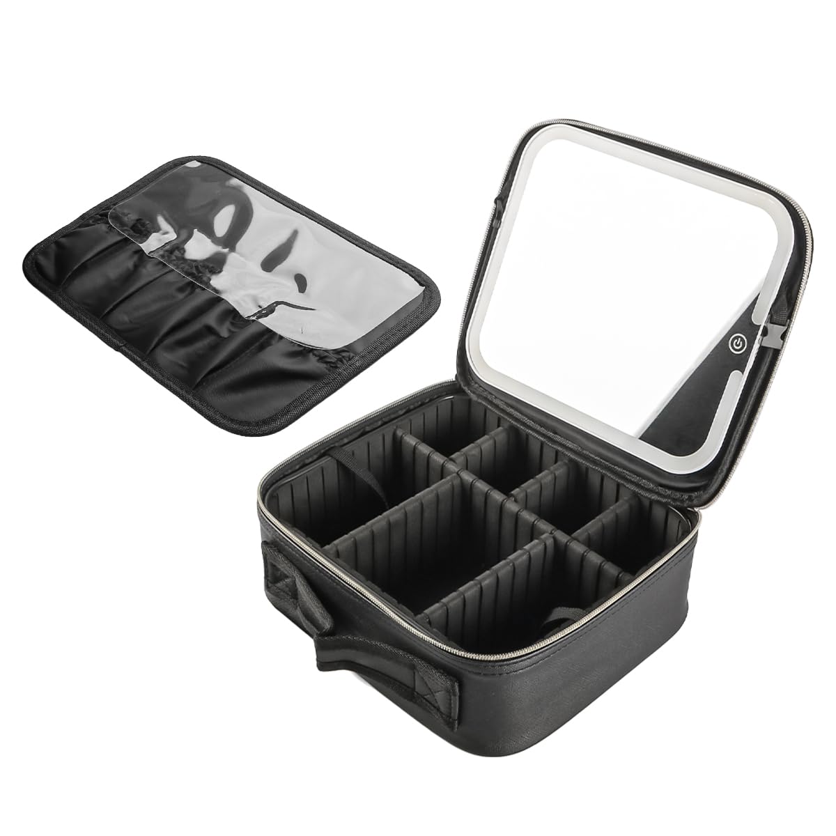 Bolsa de Maquillaje de Viaje con Espejo de luz Configuración de 3 Colores Estuche de tocador divisores Ajustables para Mujeres Caja de Maquillaje Impermeable de PU Negra