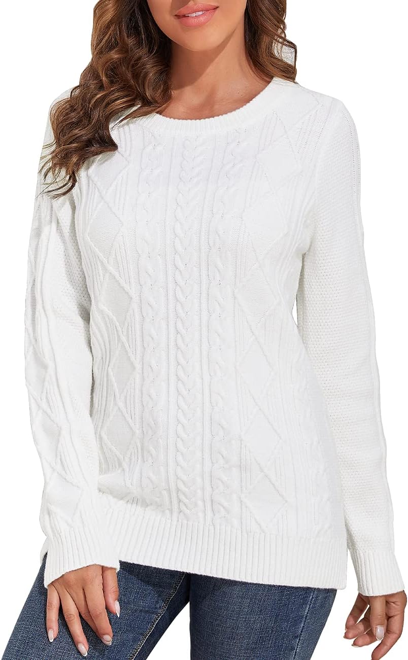 PrettyGuideWomen's Sweater Crewneck Cable Knit Long Sleeve Pullover Tops