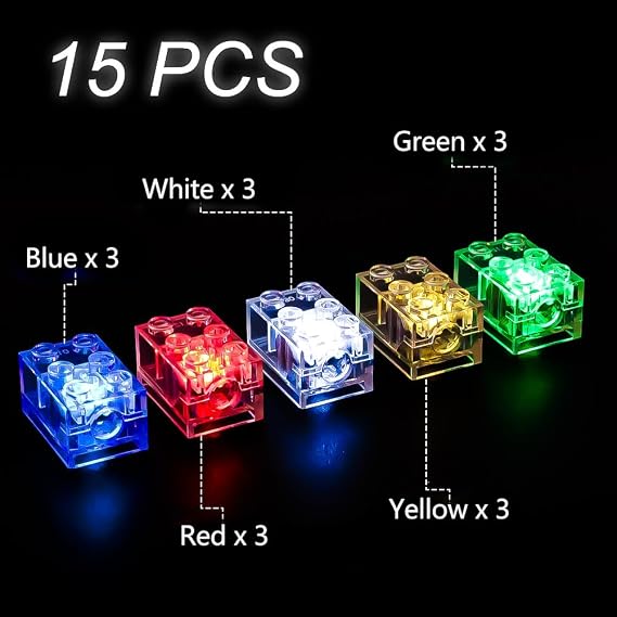 Joycabin 15 Pcs Luminous Building Blocks, 2x3 LED Light Up Brick, Transparent Rectangle Building Blocks Lamp, Building Block Parts Set Toy, Compatible with All Major Building Brick Brands