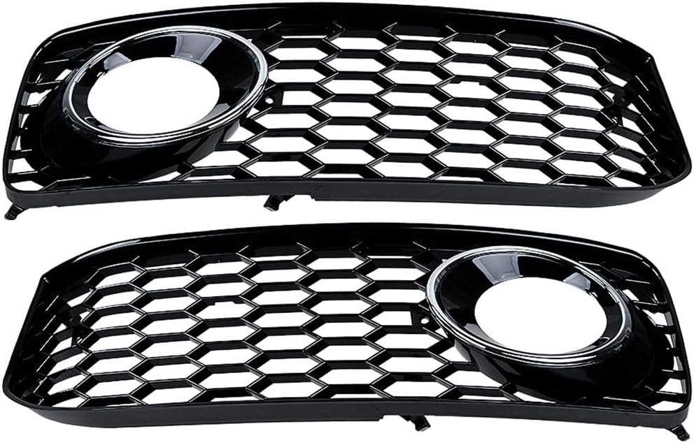 Pair Front Lower Bumper Fog Light Grille Glossy Black Honeycomb w/Chrome Trim Inserts Bezel Cover for Audi A5 S-Line S5 B8 RS5 Pre-LCI 2008 2009 2010 2011 2012 OE# 8T0807681B, 8T0807682D