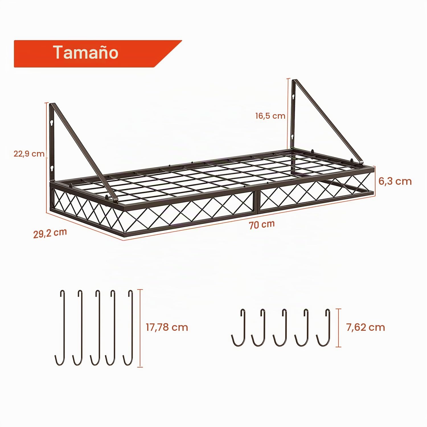 Mutool Estante para ollas montado en pared, estantes para colgar cacerolas de 70 cm, estante para utensilios, estantes para sartenes para la cocina, organizador de menaje de cocina de metal con 10
