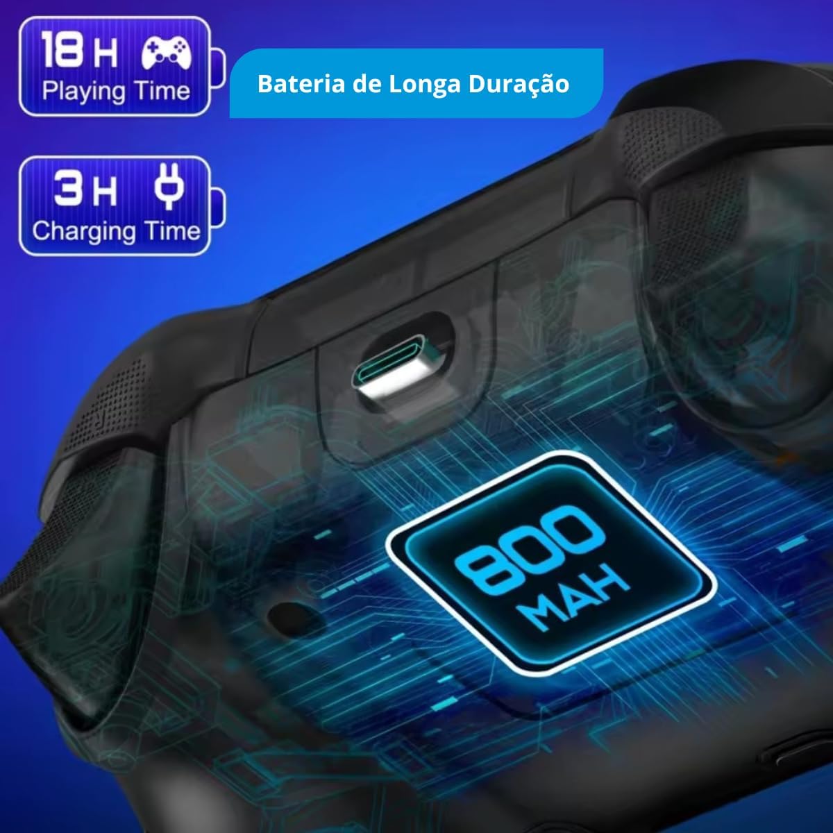 Diagram showing 18 hours playing time and 3 hours charging time for an 800mAh battery.