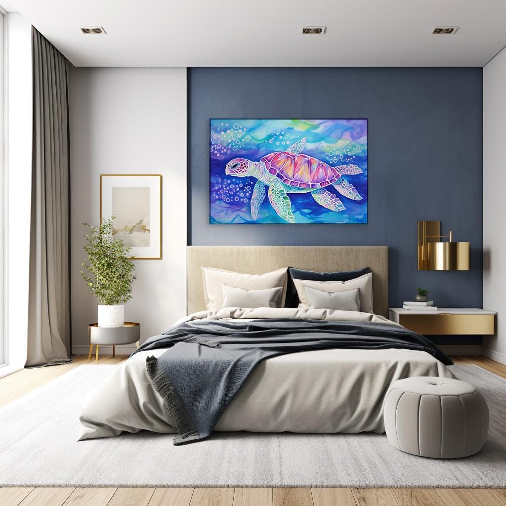 Canvas for Living room. Swimming in Vivid Hues - The Enigmatic Journey of a Multicolored Sea Turtle Through a Bubbling Underwater Realm, 27 x 18 inch Canvas Wall Art - Modern Home Decor