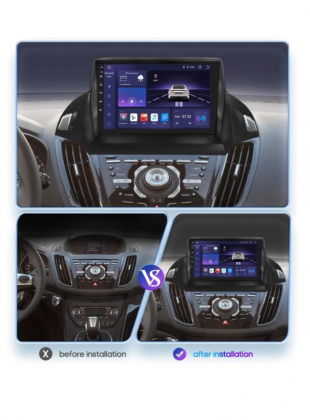 Car Auto Play Auto Stereo Car Stereo dla Ford Kuga 2 Escape 2013-2017 Przenośny Ekran Dotykowy Apple Carplay, Nawigacja Gps/Sterowanie Głosowe/Mirror, 4 Rdzeń 4G+64G