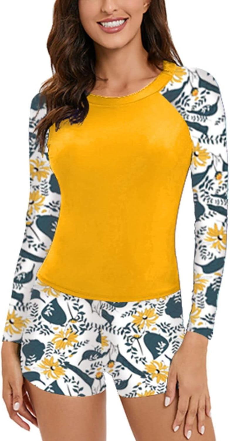 Women's Two-Piece Long-Sleeved Sun Protection Clothing Fashion Printed Swimsuit Water Sports Clothing