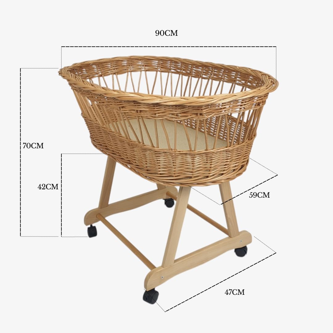 WIKLINOPOL Berceau – Couffin tressé à la Main Naturel avec châssis et Matelas – Ensemble de literie Teddy 5 pièces écru – Couffin bébé Portable à roulettes – Idéal pour Nouveau-né