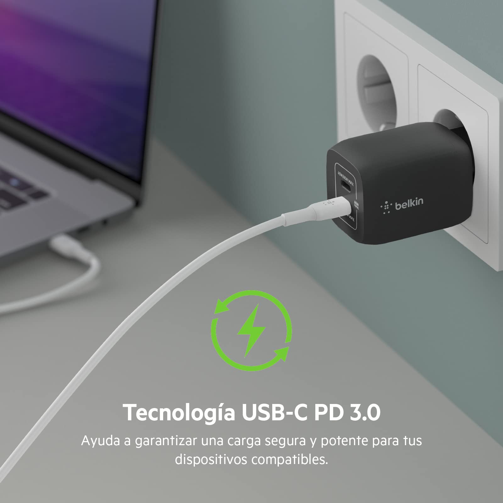 Belkin Cargador de Pared Doble USB tipo C de 65 W, Carga Rápida 3.0 con Tecnología GaN, cargador USB para iPhone 16, 15, 14, 13, iPad Pro, Air, MacBook, Samsung Galaxy S24, S23, Google Pixel, Negro