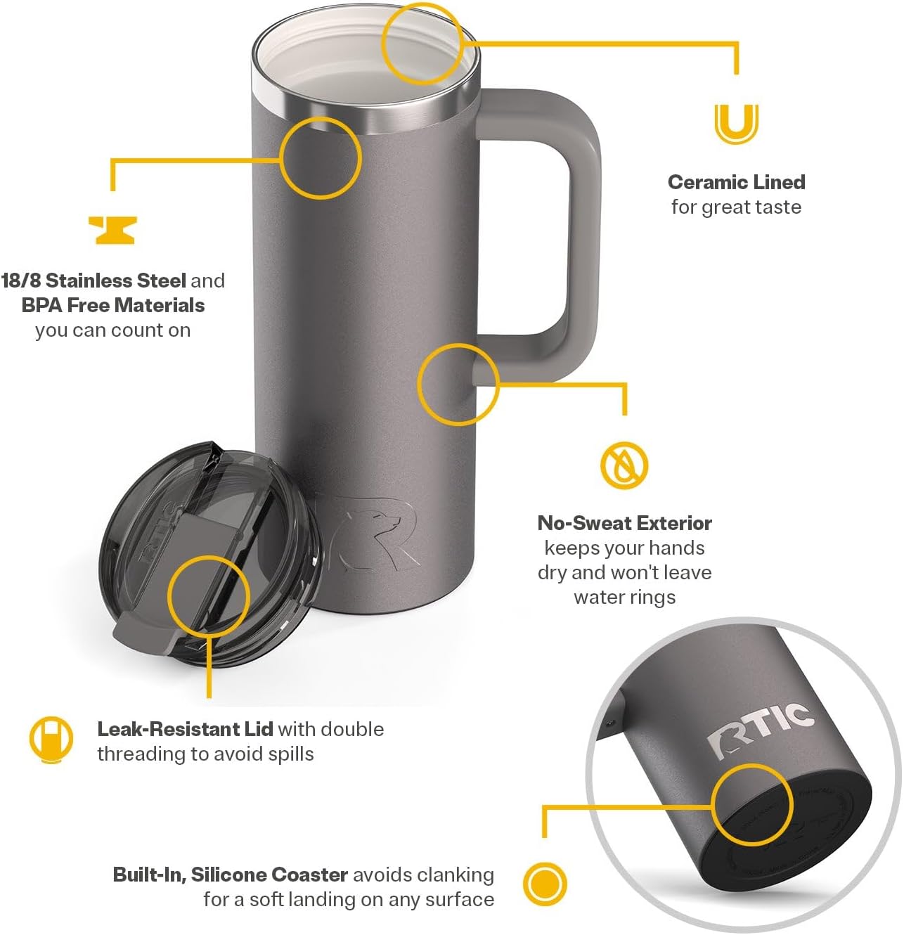RTIC 20oz Road Trip Travel Mug with Lid and Handle, Ceramic Lined, Insulated, Stainless Steel, Metal, Double Wall Vacuum-Insulation, Portable Coffee, Tea Cup for Hot and Cold Drink, Graphite - Image 3