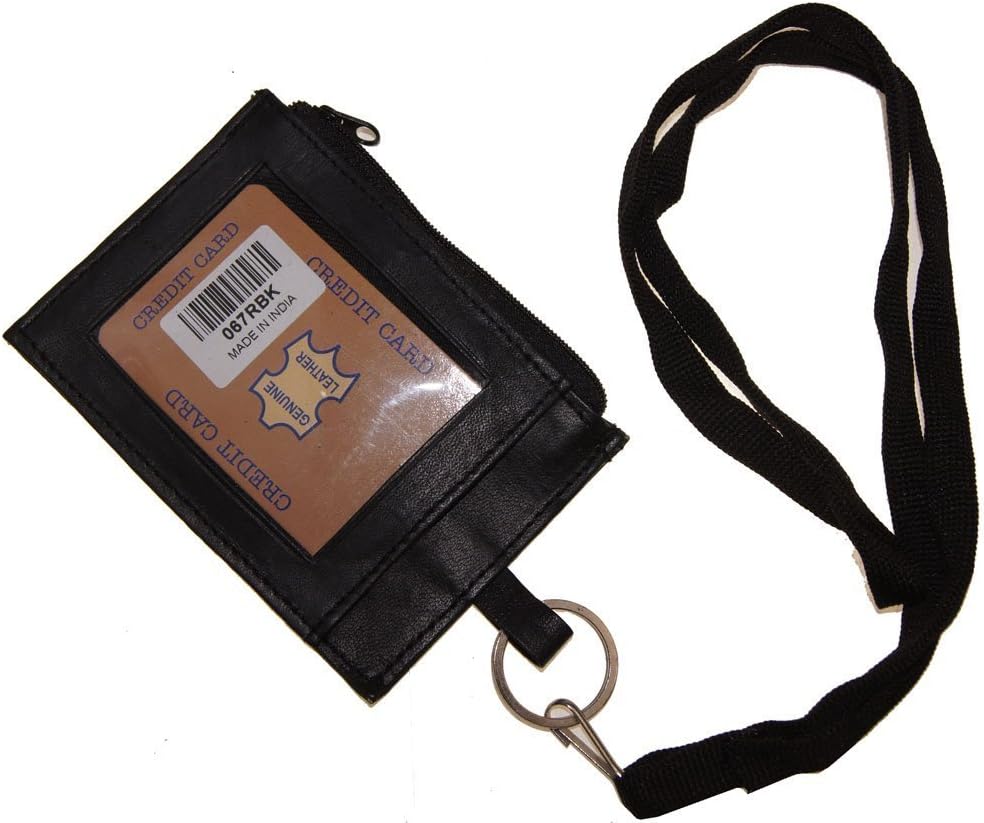 Improving Lifestyles Leather Neck ID Card Badge Holder Window ID side Zipper Pocket O Ring to Clasp Thick Soft Removeabl