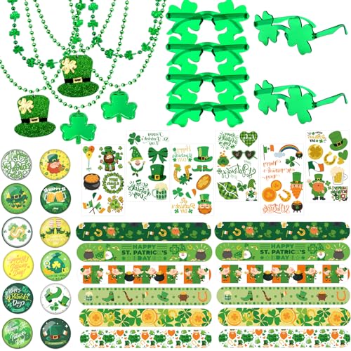 42 Pack St. Patrick's Day Accessories Party Favor Set-Green Shamrock Glasses, Beaded Necklace, Slap Bracelet, Tattoos Stickers, Badges St. Patrick's Party Decorations for Adults Men Women Family