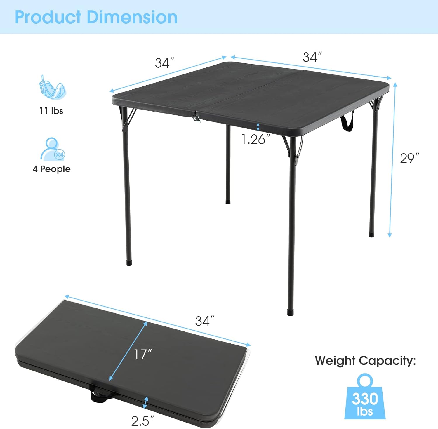 Goplus 34" Square Folding Card Table, Portable Plastic Utility Folding Tables with Collapsible Legs & Carrying Handle, Indoor Outdoor for Picnic, Party, Dining, Camping, BBQ, Grey