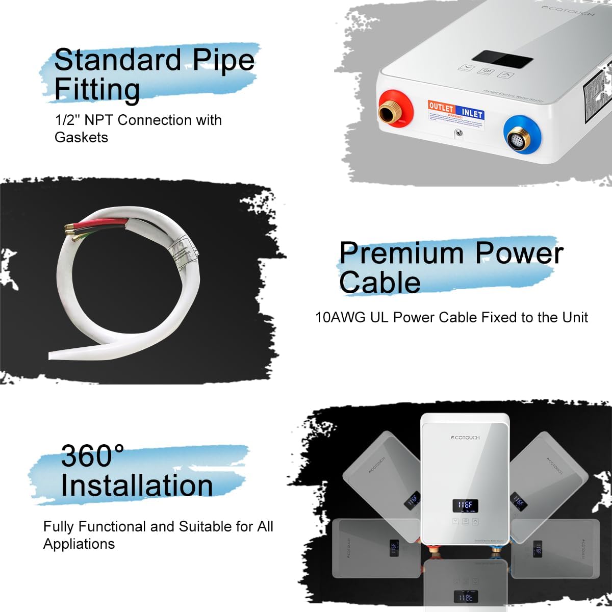 Electric Water Heater, ECOTOUCH 5.5kW 240V Tankless Water Heater On Demand Hot Water Heater Electric with Self-modulating, Instant Water Heater for Point of Use, Space Saving Design, ECO55S Sliver