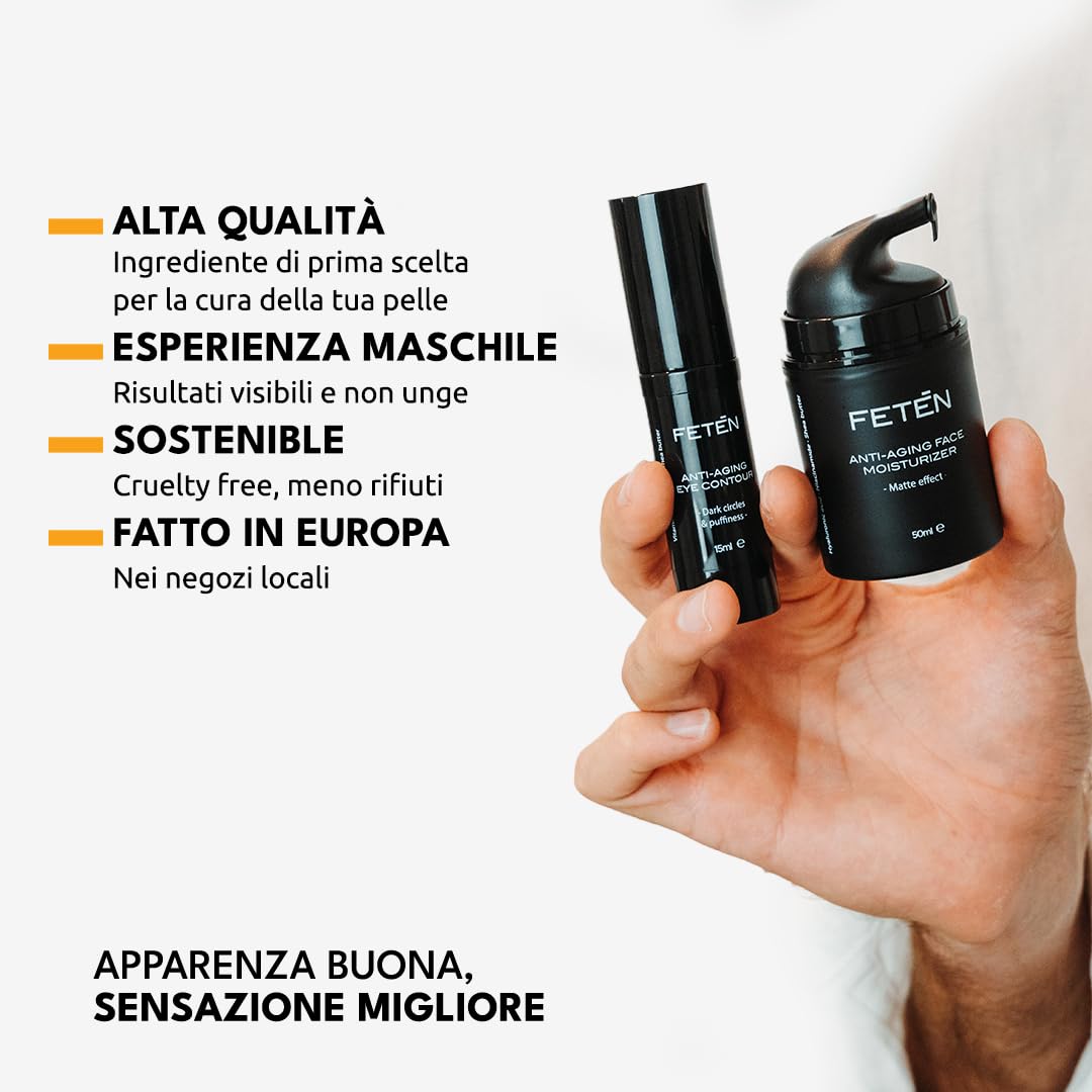 FETEN Set 360 Cura Viso Uomo – Kit Regalo Uomo 4 in 1 con Esfoliante, Siero Antiage con Vitamina C, Crema Idratante e Contorno Occhi Antiocchiaie