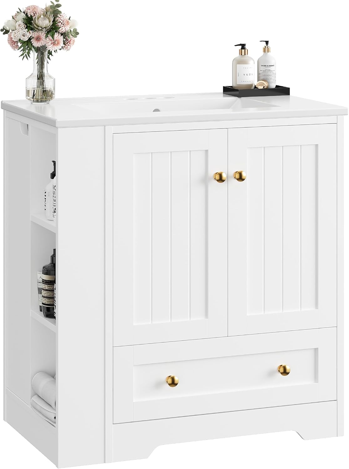 IRONCK 30" Bathroom Vanity with Ceramic Sink, Bathroom Storage Cabinet with Doors & Drawers & DIY Side Storage, Pedestal Sink Combo Set, White