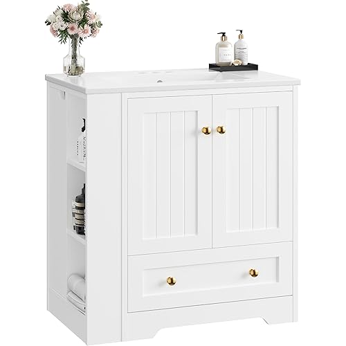 IRONCK 30" Bathroom Vanity with Ceramic Sink, Bathroom Storage Cabinet with Doors & Drawers & DIY Side Storage, Pedestal Sink Combo Set, White