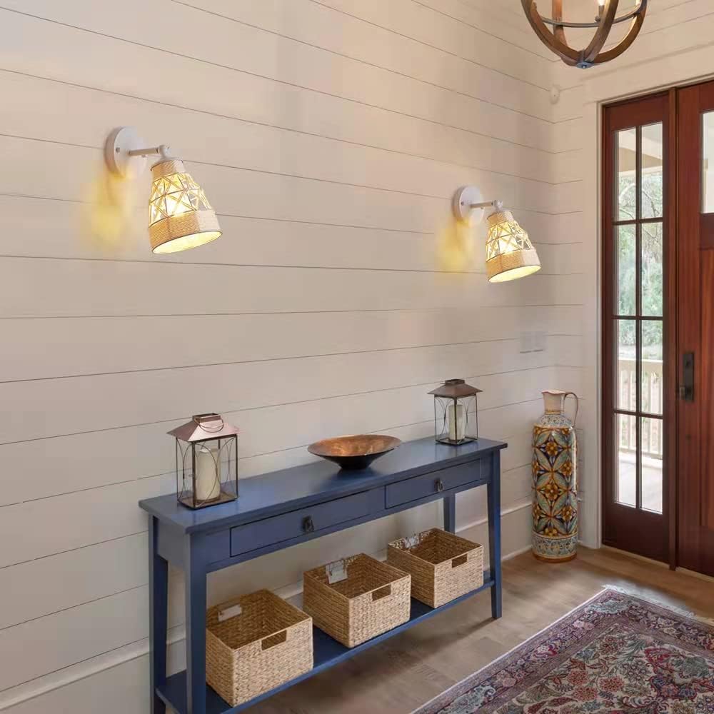 Dijiahua White Wall Sconces Set of 2, Bohemian Modern Light Fixtures with Metal Shade, Farmhouse Handmade Hemp Rope Woven Rattan Craft to Decor Indoor Bedroom, Living Room, Hallway, Kitchen
