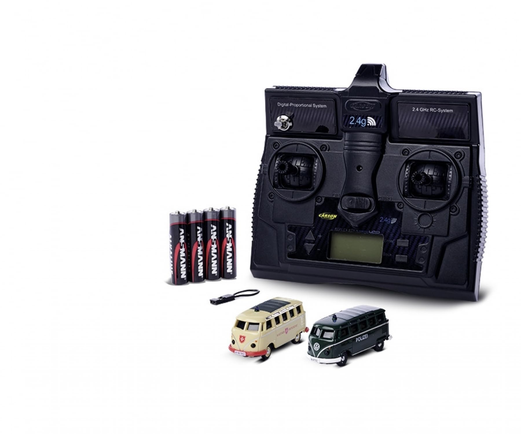Carson 500504152 1:87 VW T1 Police+ Maltese Combo 2,4GHz LCD - modelo listo para conducir, mando a distancia de 2,4 GHz con conexión de carga, incl. 4 pilas AAAA de emisor, con iluminación LED, manual