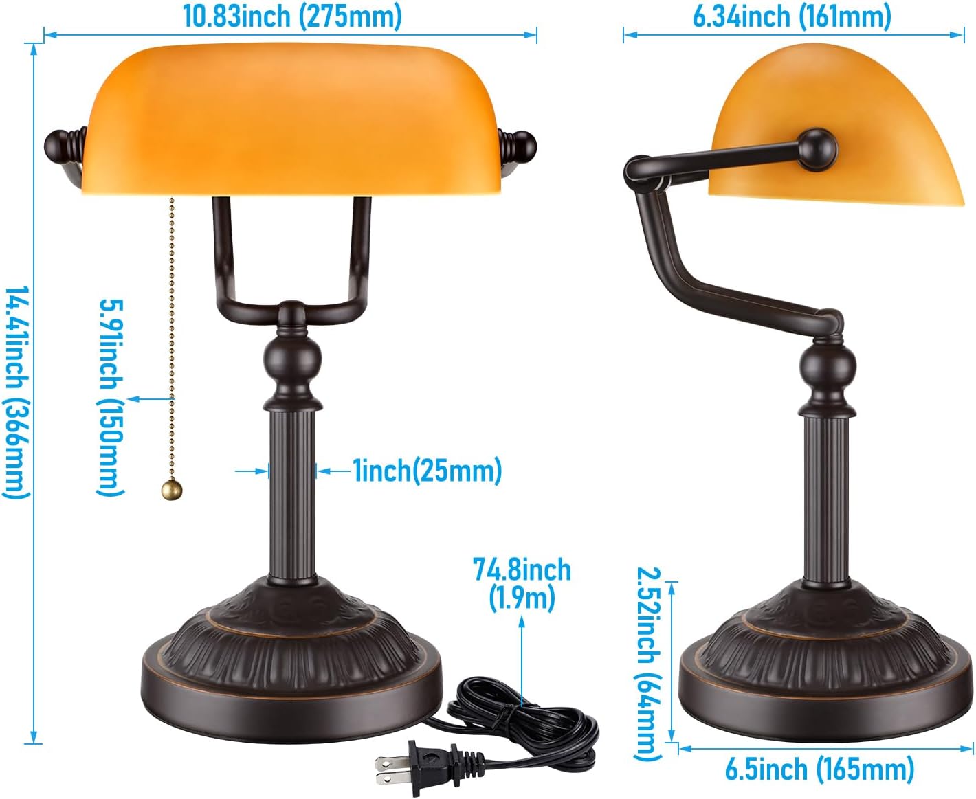TORCHSTAR Bankers Desk Lamp with Pull Chain Switch, Amber Glass Shade Desk Lamps, Bronze Base, E26 Base, Vintage Library Lamp for Office, Study Room(Matted Orange)