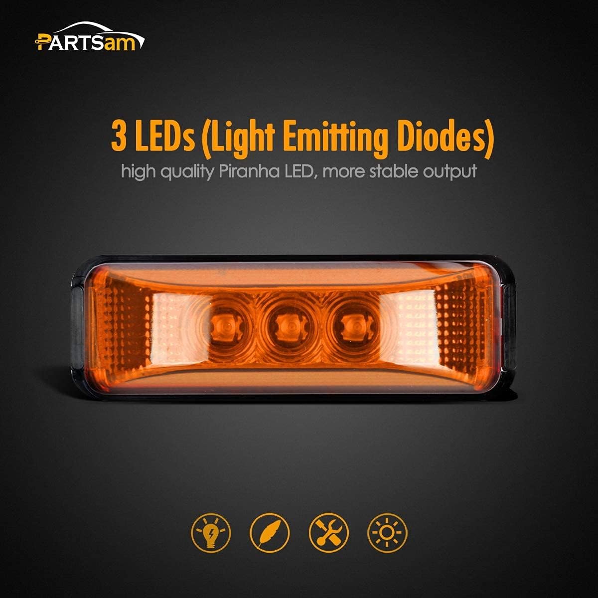 Partsam 12pcs 3.9 inch Amber 3LED Side Marker Light Universal 12V 2 Wires Sealed Assembly, Thin line Faceted LED Trailer Truck Clearance or Side Marker Lights w Mini Reflectors