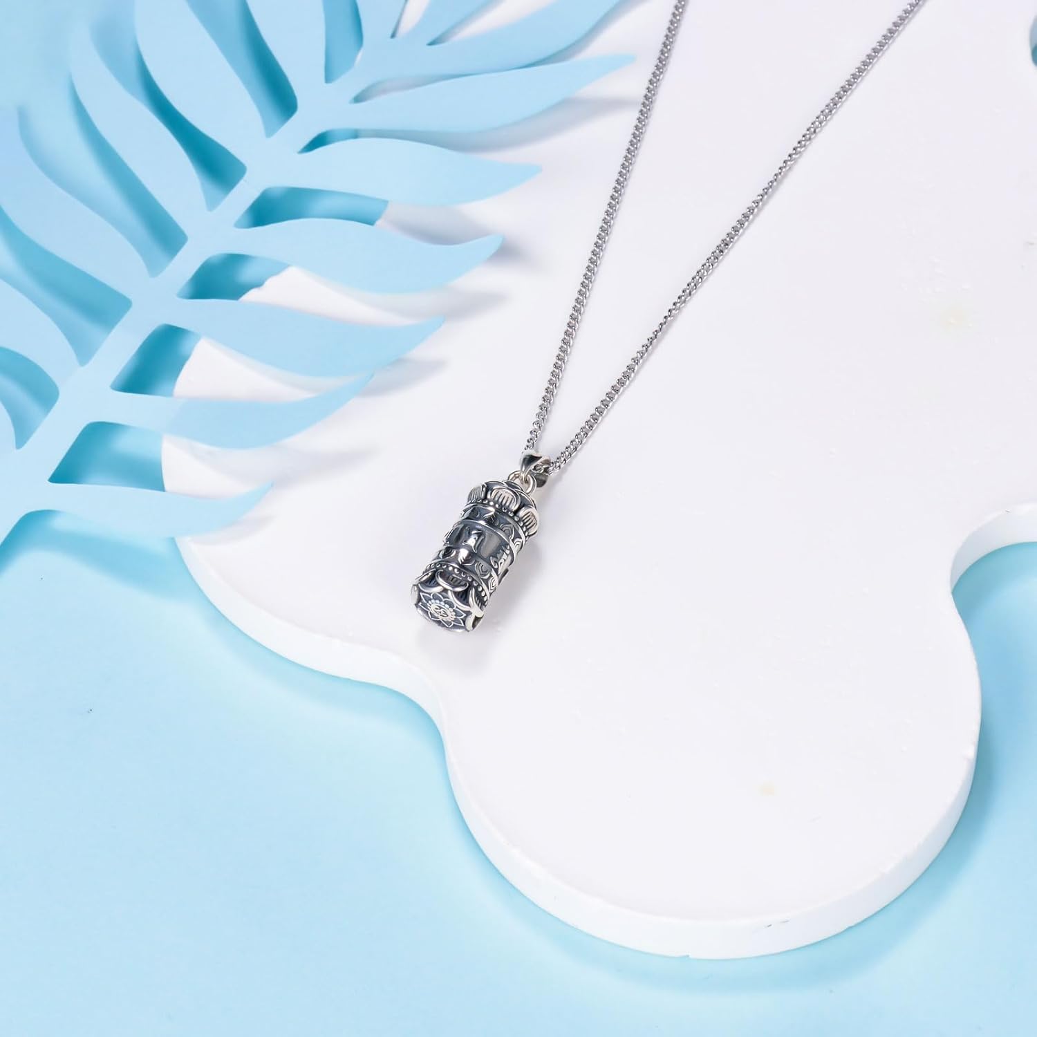 PELOVNY Buddhist Necklace 925 Sterling Silver Om Mani Padme Hum Lotus Flower Tibetan Buddhism Meditation Urn Cremation Jewelry for Ashes for Men Women