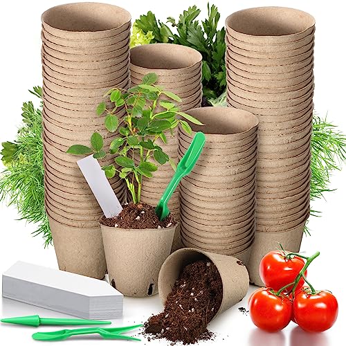 Nuogo 240 Pcs Peat Pots Starters Kit for Seedling 3.15 Inch Biodegradable Small Nursery Pots Planting Peat Trays with 120 Labels and 2 Transplant Tool for Flower Fruit Vegetable Seed Germination