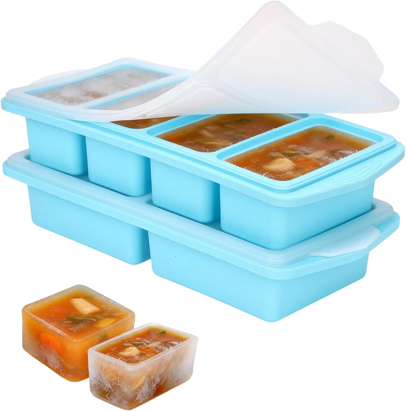 2 Pcak Silicone Freezer Molds With Lids, 1/2-Cup, 1 Cup & 2-Cup Freezer Container for Broth, Sauce, Meal Prep& Baking, Steel-Reinforced Ice Cube Tray, Dishwasher Safe