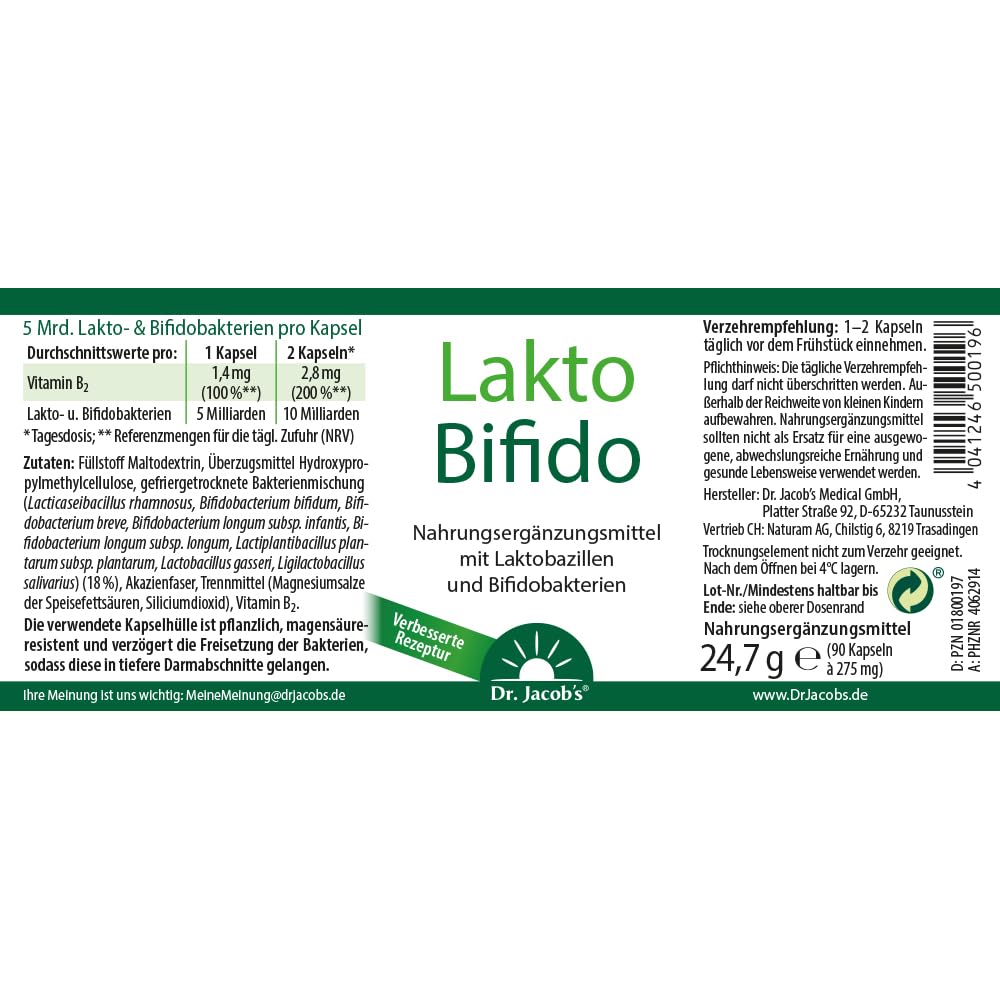 Dr. Jacob's LaktoBifido 90 Kapseln I Laktobazillen und Bifidobakterien | Garantiert 5 Mrd. lebende Keime pro Kapsel I geeignet bei Histaminintoleranz (HIT) I ohne Hefe und Gluten I 90 Portionen