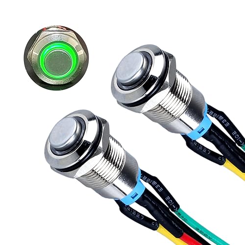 Miniatura 1 de DMWD 2 interruptores de botón de metal de 0.472 in con cierre de metal impermeable antivandálico, cabeza redonda alta, carcasa plateada con cable