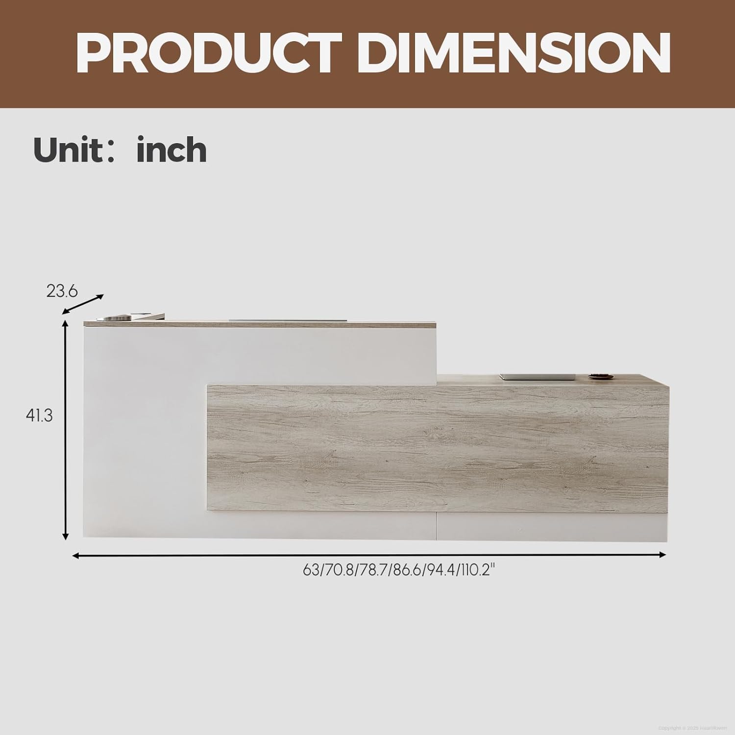 110" L-Shaped Reception Desk with Counter, Drawers, Open Shelves and Keyboard Tray, Modern Front Desk for Office Reception Area, Oak+Warm White, Right Cabinet