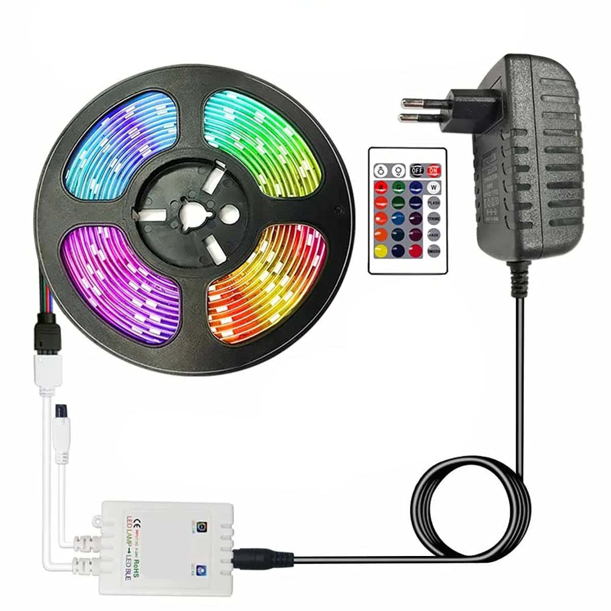 Set: RGB LED Strip cinta Barra 5 metros – Con mando a distancia con 44 teclas y fuente de alimentación – Autoadhesivo – Polvo y resistente al agua