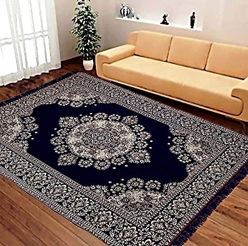 RUGROZ Sparrow World Designer Superfine Cotton Bed Cover Carpet|Rug|Living Room|Bedroom|Hall|School|Temple|Bedside Runner (5x7 feet, Navy Blue)