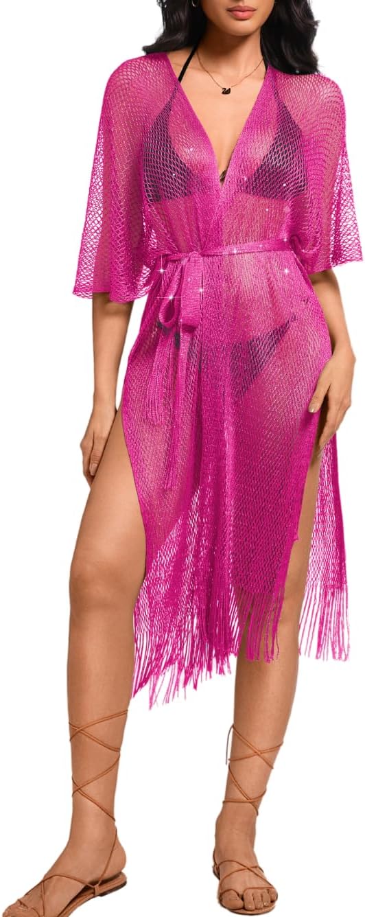 Kaei&Shi Sexy Swimsuit Beach Coverups,Long Kimonos for Women,Open Front Crochet Summer Cardigan Fits 0-12