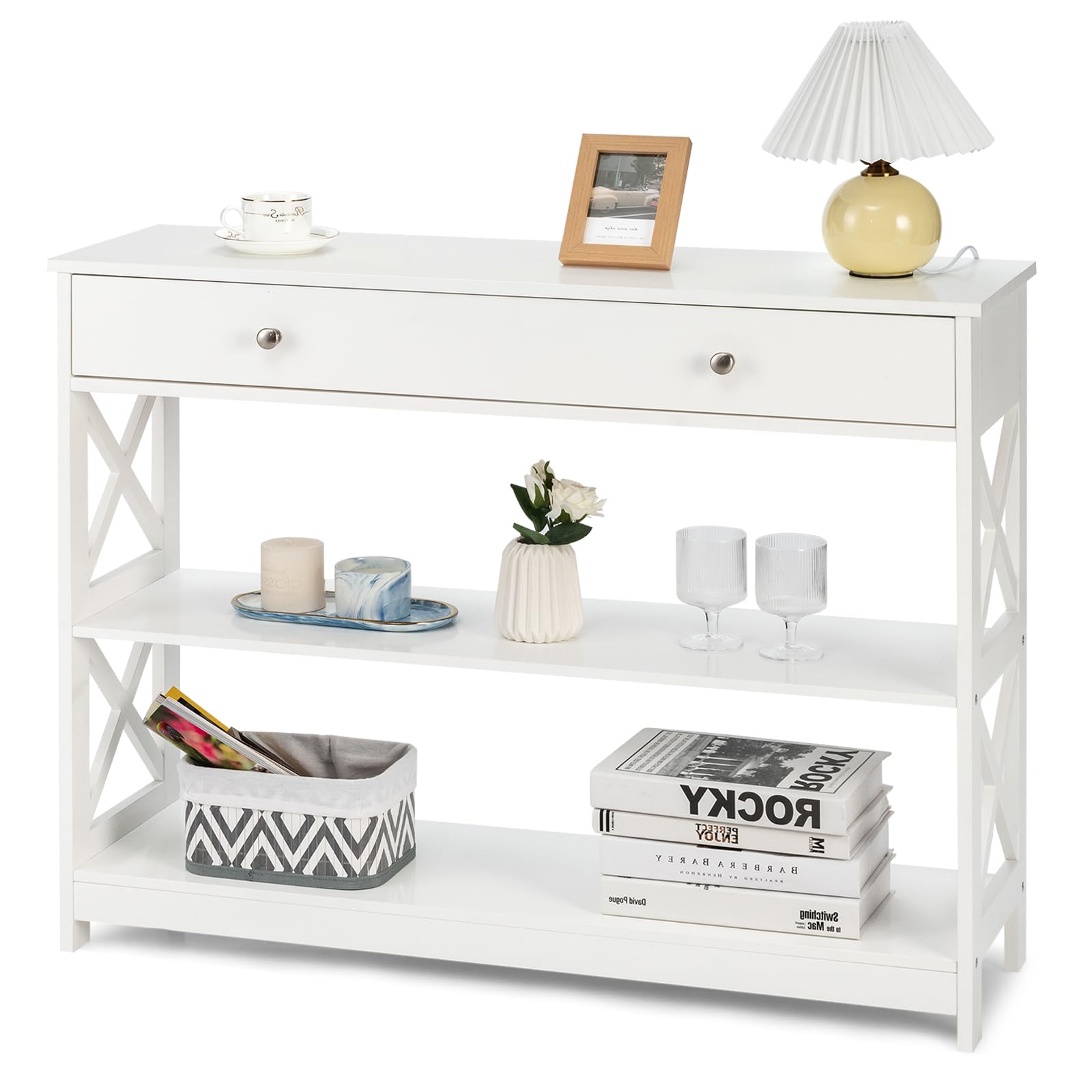 SOARS Recibidores de Entrada, Consola Estrecha de 3 Niveles con Amplio Cajón para Llaves, Relojes y Joyas, Mueble para Sala de Estar y Dormitorio, 100 x 30 x 80 cm (Blanco)