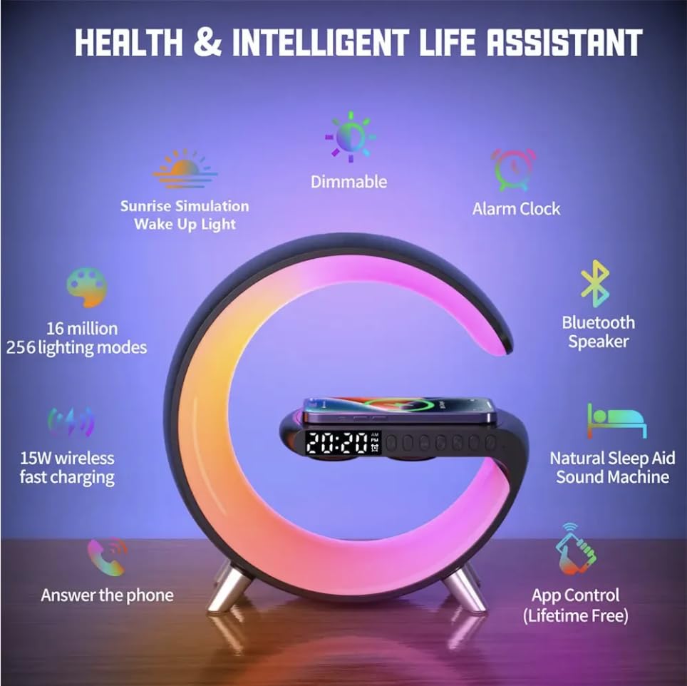 DAVXS - Lampe de Table Intelligente Blanc : Lampe d'Ambiance Haut-Parleur Bluetooth, Chargeur sans Fil, Tactile à Intensité Variable avec Synchronisation de la Musique