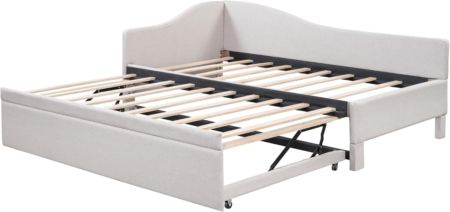 Bellemave Twin Size Upholstered Daybed with Pop up Trundle,Linen Day Bed Frame with Extendable Trundle,Twin to King Daybed,Tufted Sofa Bed for Bedroom,Living Room,Beige