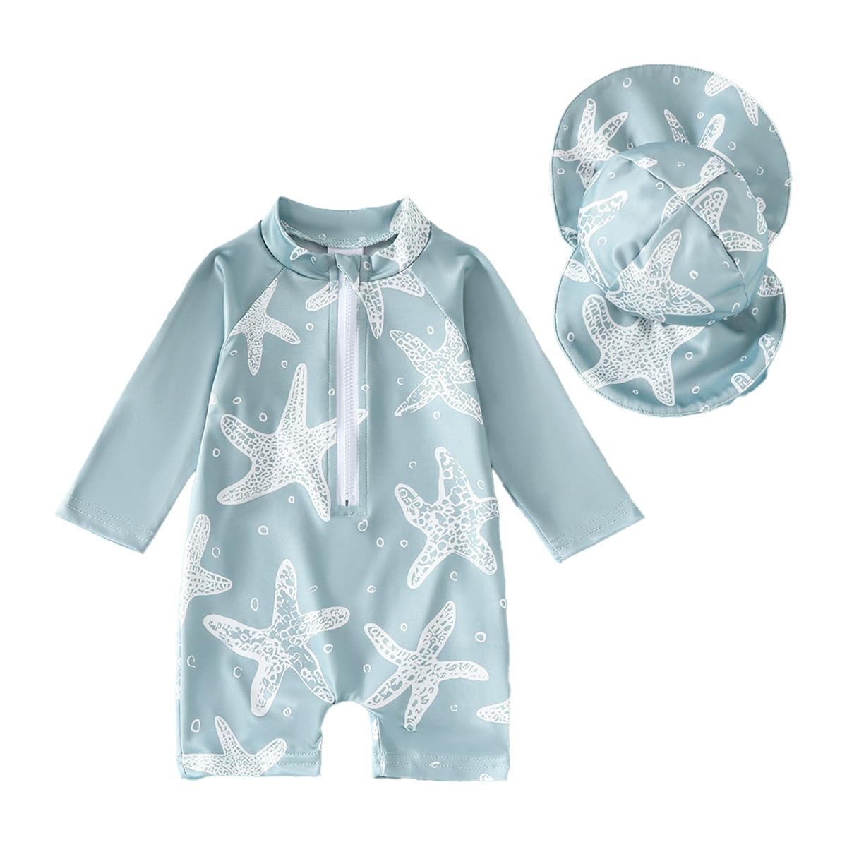 JENJON Traje de Baño de Una Pieza de Manga Larga para Bebé Niños Estampado con Cremallera Piscina Rashguard con Sombrero 2Pcs Infantil Ropa de Playa 6M-3 Años