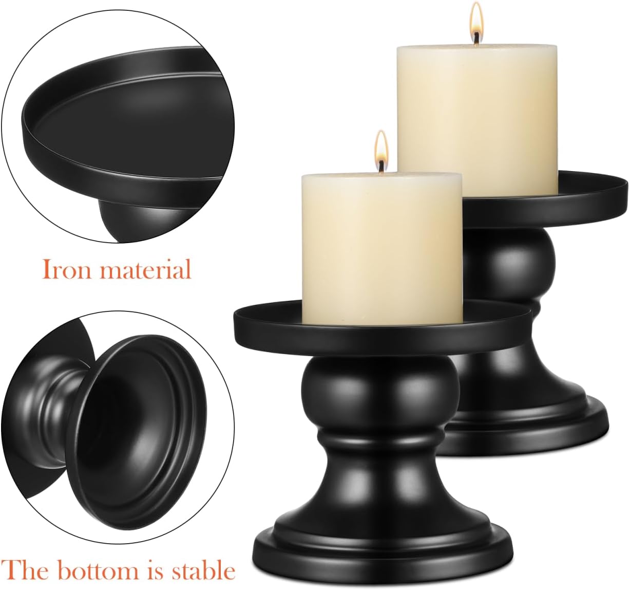 Luxshiny Black Metal Pillar Candle Holders Set of 2 - Elegant Candlestick Candle Holders for Home Wedding Party Tabletop and Fireplace Decoration