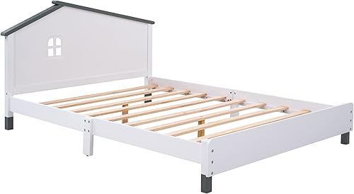 Miniatura 4 de Merax Camas para niños con cabecera de marco de casa tamaño matrimonial marco de cama bajo de madera divertido para niños y niñas no necesita somier