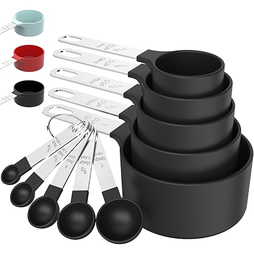 TILUCK Measuring Cups & Spoons Set, Stackable Cups and Spoons, Nesting Measure Cups with Stainless Steel Handle, Kitchen Gadgets for Cooking & Baking (Black)