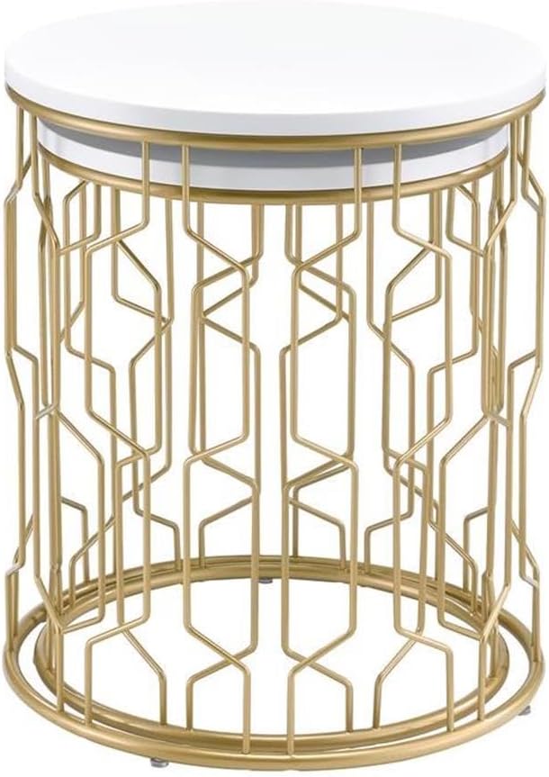 Pemberly Row Contemporary Metal Nesting Tables, Gold and White Finish, Set of 2, Round MDF Wood Veneer Tops, Geometric Design, Modern Living Room Accent Tables, Space-Saving Small Table Under Large