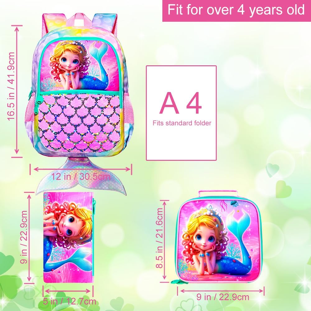 3Pcs Mermaid Backpack for Girls, 16" Sequins Kids Bookbag with Lunch Box, School Backpacks Set for Elementary Preschool Kindergarten(Pink) - Image 4