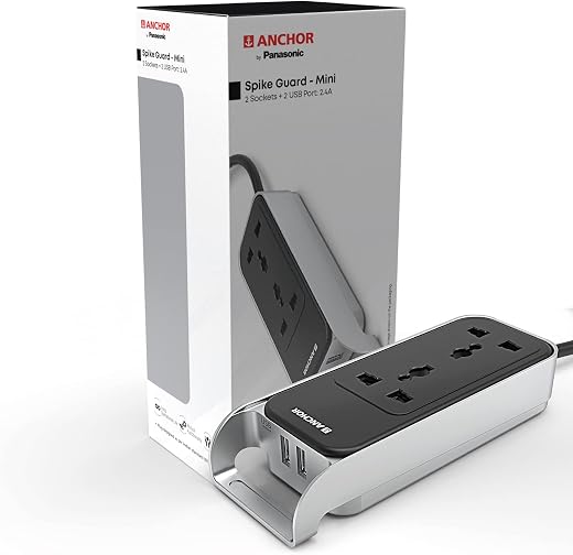 Anchor by Panasonic 6A Extension Board with Handle, 2 Sockets + USB 2.4A, 1.5m Cable (Black and Silver, 240 volts) (22074)