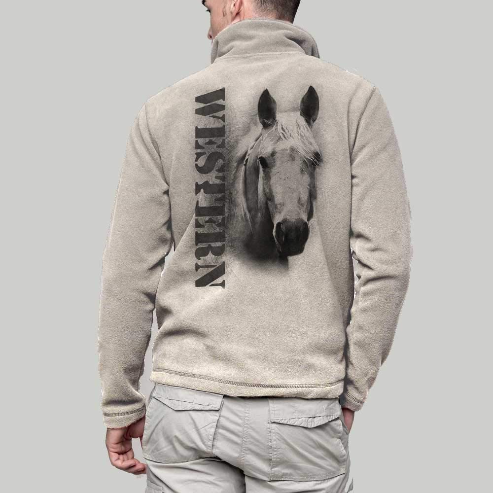 Giacca in pile da equitazione con cavallo a quarti, per equitazione, Uomo, beige, XXXL