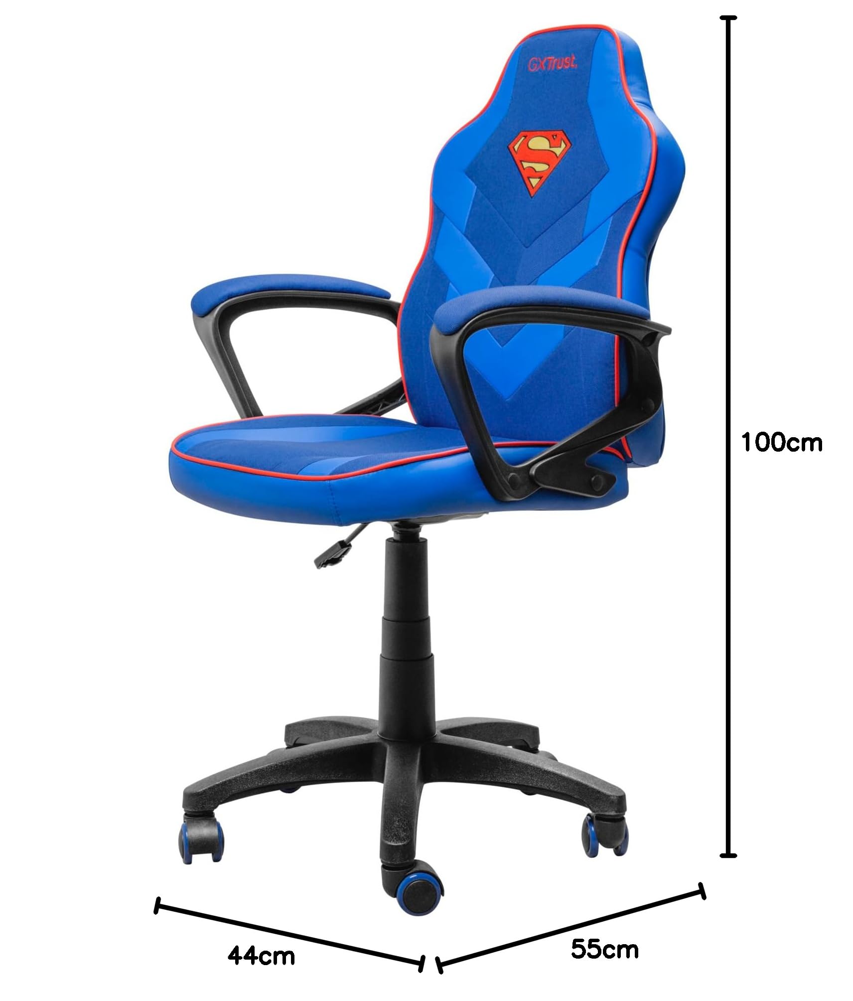 GXTrust 703SM Revvo Sedia Gaming con Licenza Superman per Bambini 4-12 Anni, Sedia da Gaming in Tessuto Regolabile in Altezza, Bracciolo Imbottito, Console di Gioco Supereroe Videogiochi, Blu
