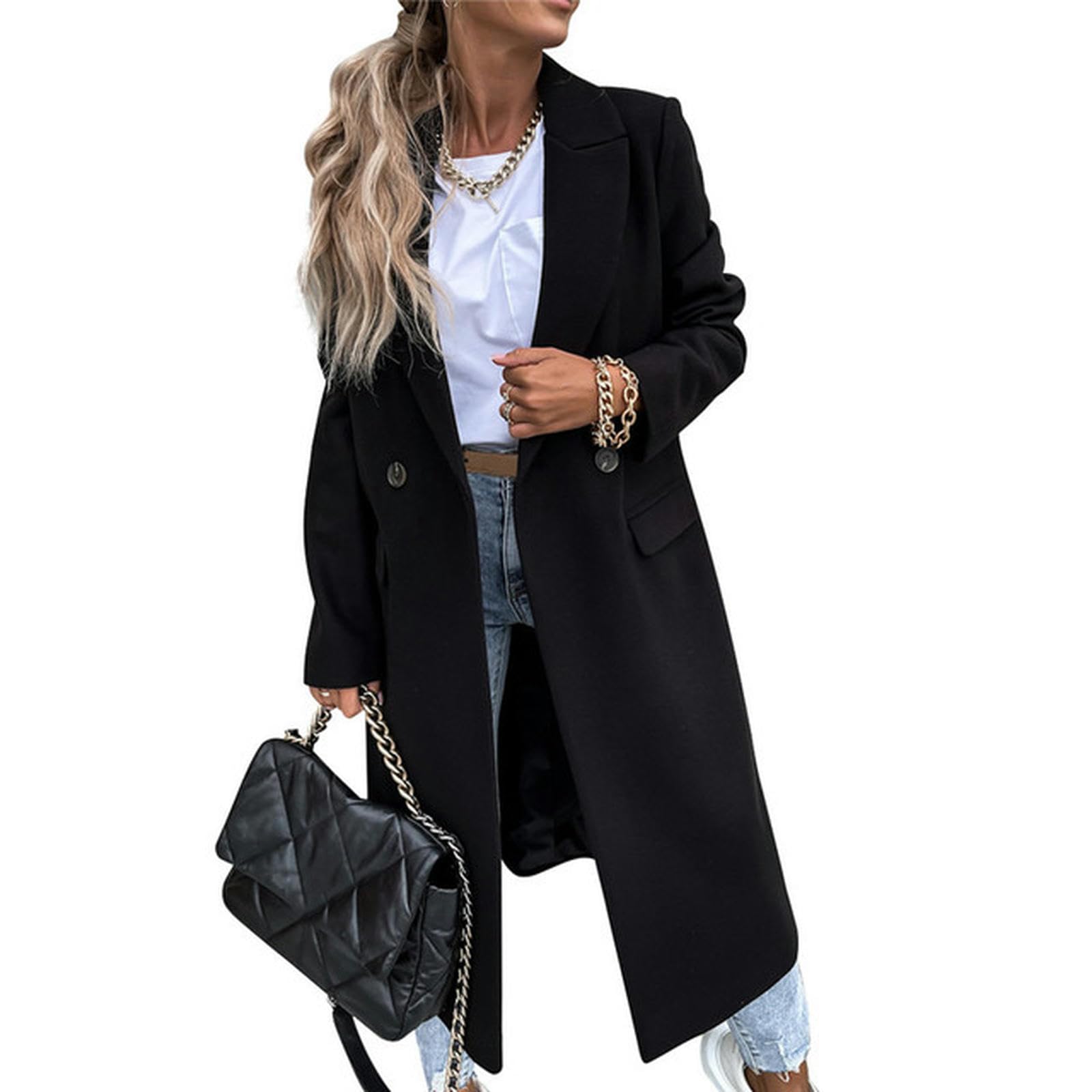 Cappotto lungo di lana da donna autunnale Cappotto nero da donna moda retrò Cappotto a maniche lunghe Cappotto blu Cappotto casual da strada invernale da indossare
