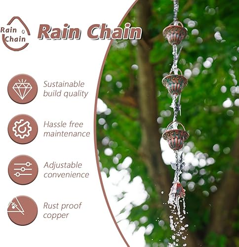 Miniatura 3 de Qipade Cadena de lluvia para canalones, cadenas de lluvia de 8.7 pies con 12 tazas y decoración de colibrí desmontable, cadena de captura de lluvia