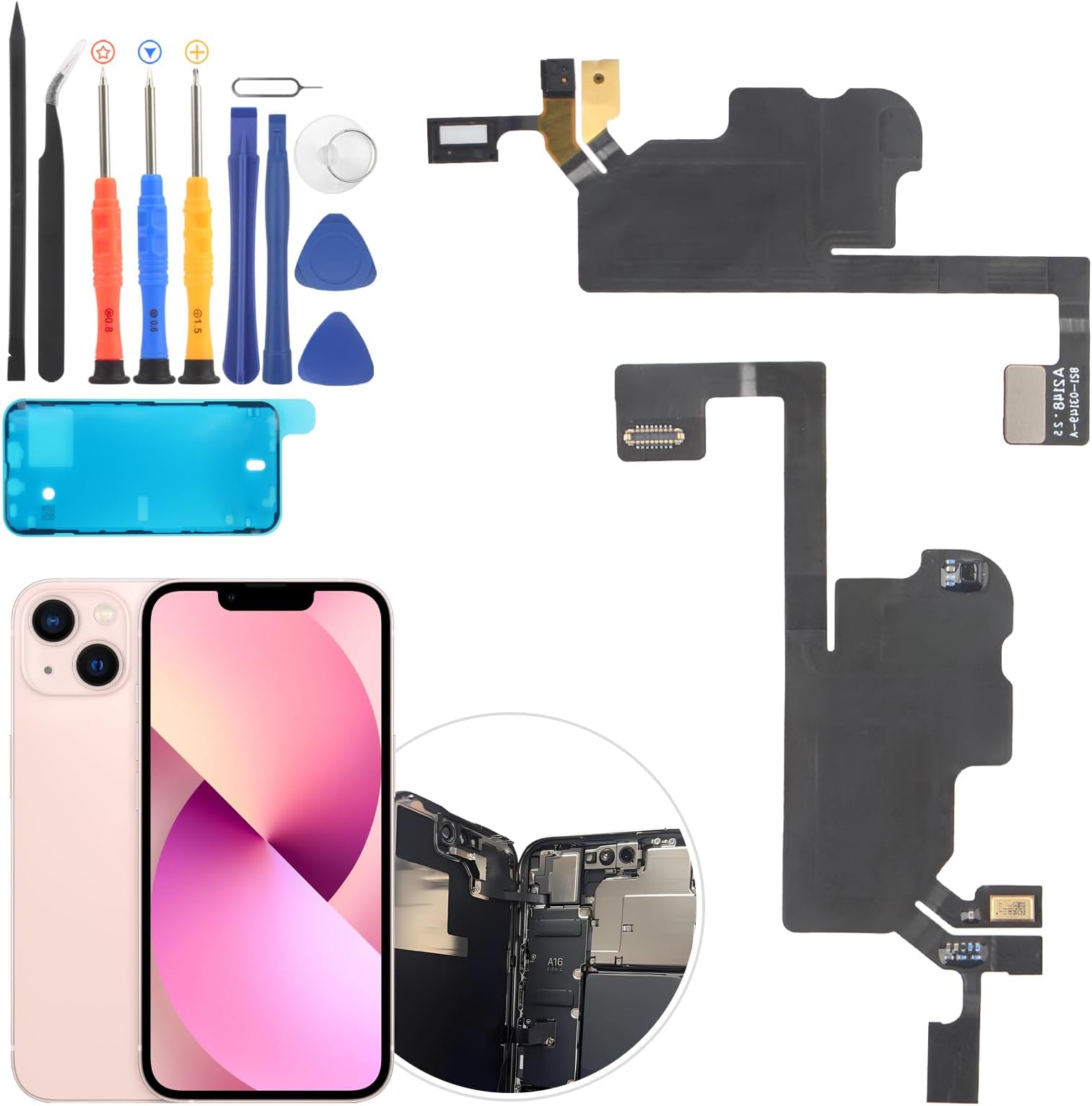 YWLRONG Earpiece Speaker Replacement for iPhone 13 Speaker Replacement with Light Proximity Sensor Flex Cable and Tools