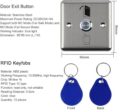 RFID Door Access Control System Kit IP68 Waterproof Fingerprint Keypad, Electronic Bolt Lock, 12V 3A Power Supply, Metal Door Switch Button, 10pcs IC 13.56MHz Keychains